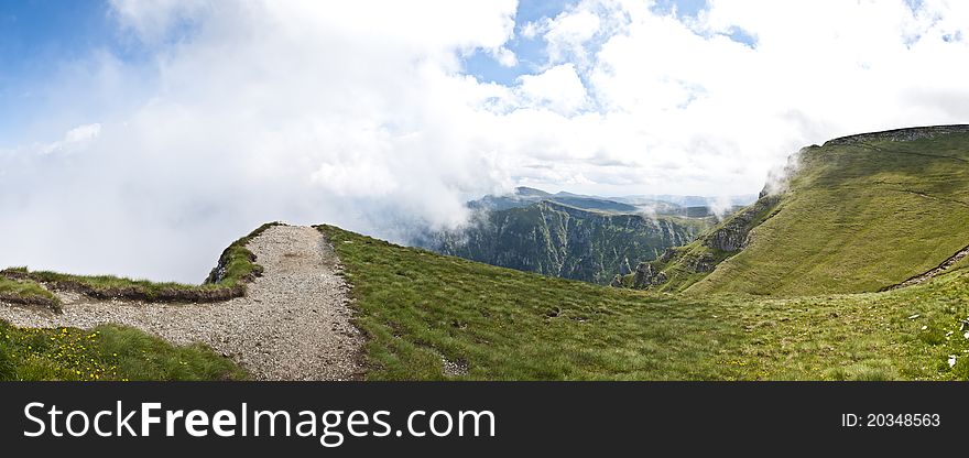 Panorama background in Carpathians. Beautiful montains and landscape in Romania.