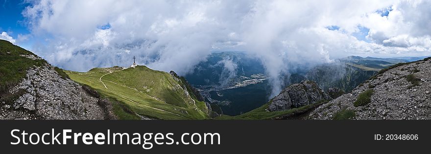 Panorama background in Carpathians. Beautiful montains and landscape in Romania.