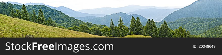 Panorama background in Carpathians. Beautiful montains and landscape in Romania.