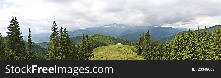 Panorama background in Carpathians. Beautiful montains and landscape in Romania.