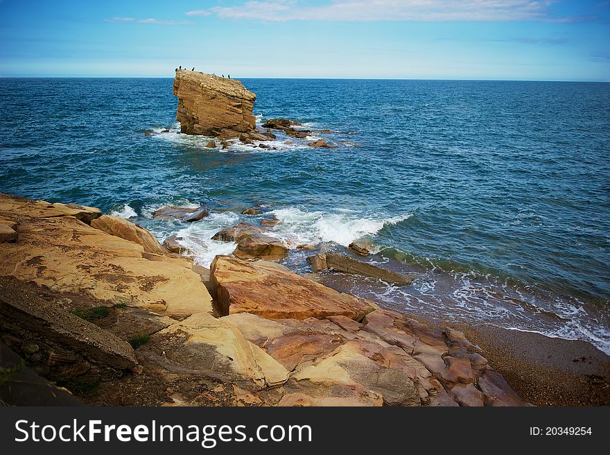 The Rock.  Seabirds nesting on large rock on Northumberland coast. The Rock.  Seabirds nesting on large rock on Northumberland coast