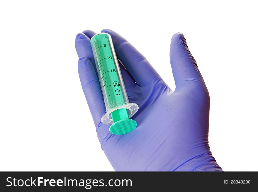 Syringe and rubber glove with hand