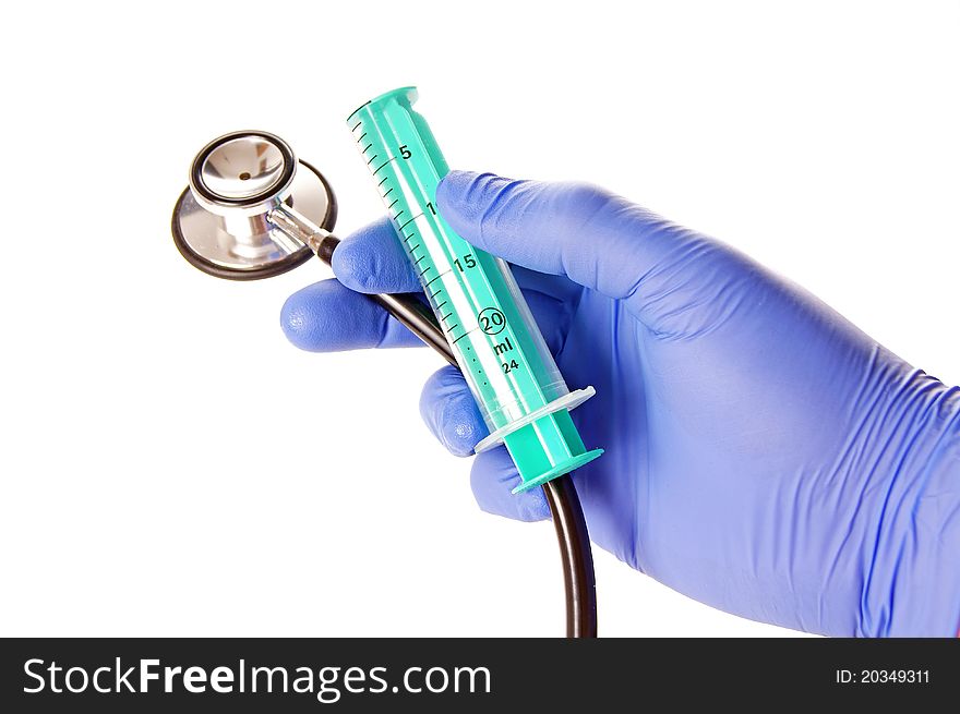 Syringe and rubber glove with hand