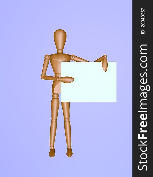 An isolated model of wooden man giving a presentation with empty board.