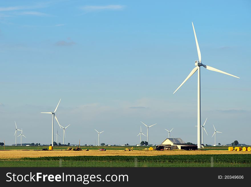 Electric windmill farm in corn field in Ohio