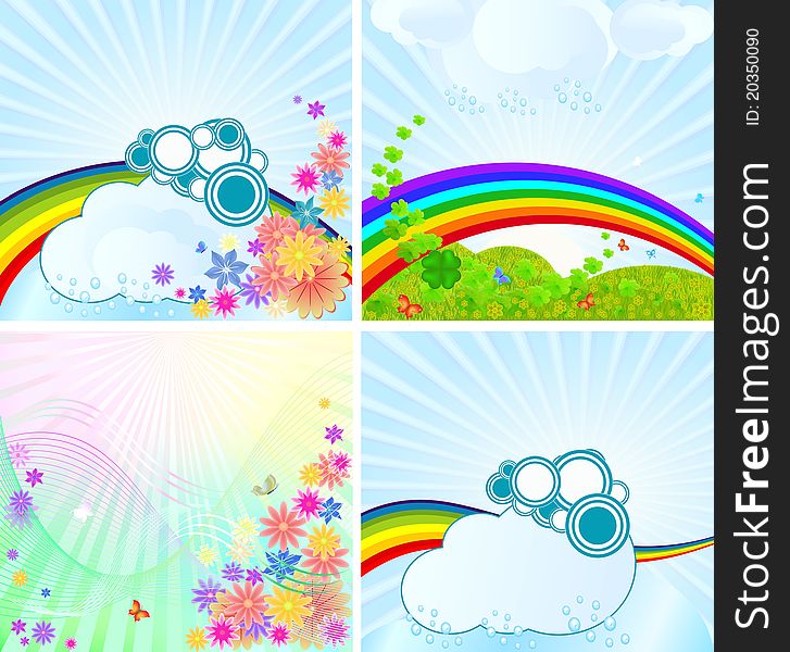 Beautiful blue cartoon cloud green happy nature pretty rainbow rays sky. Beautiful blue cartoon cloud green happy nature pretty rainbow rays sky