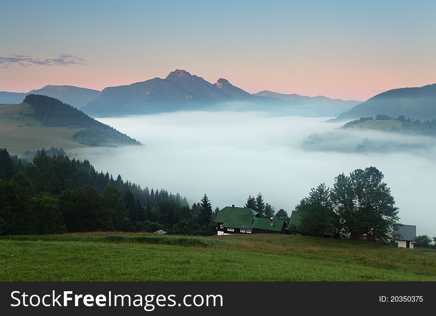 Beautiful summer mountains landscape with mist and meadow flowers. - Slovakia