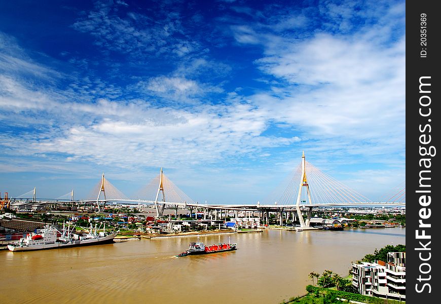 Bhumibol Bridge in Thailand with blue sky. Bhumibol Bridge in Thailand with blue sky.