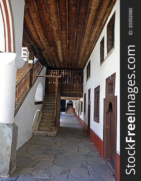 Porch and wooden stairs in Rilski monastery near Sofia in Bulgaria. Porch and wooden stairs in Rilski monastery near Sofia in Bulgaria