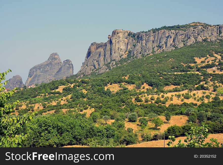 Meteora mountain landscape near Kalambaka city in Greece