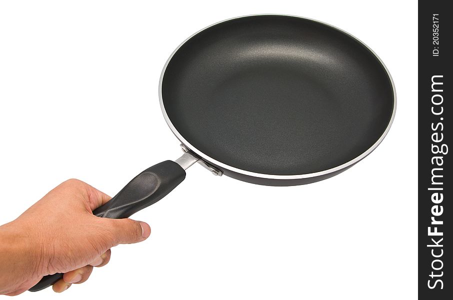 Black pan with handle on white background
