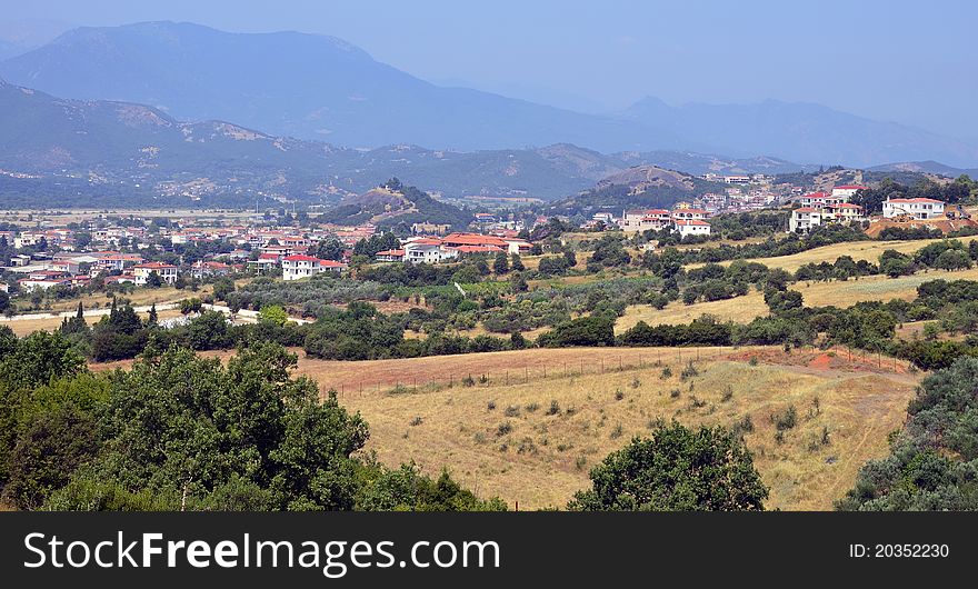 View of Kalambaka city from Meteora mountains in Greece