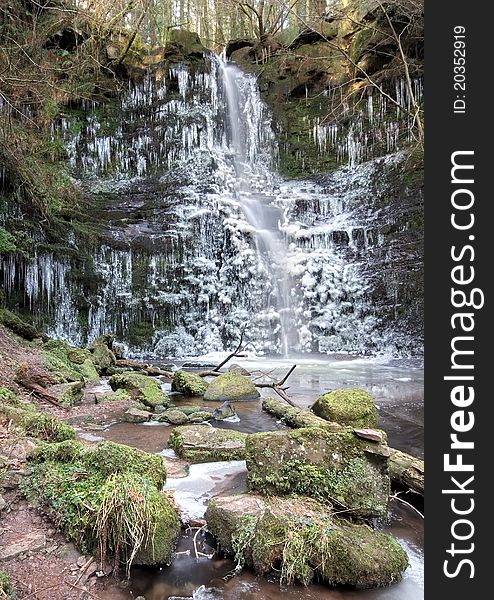 Frozen Waterfall at Talybont Reservoir, near Abergavenny, Wales.