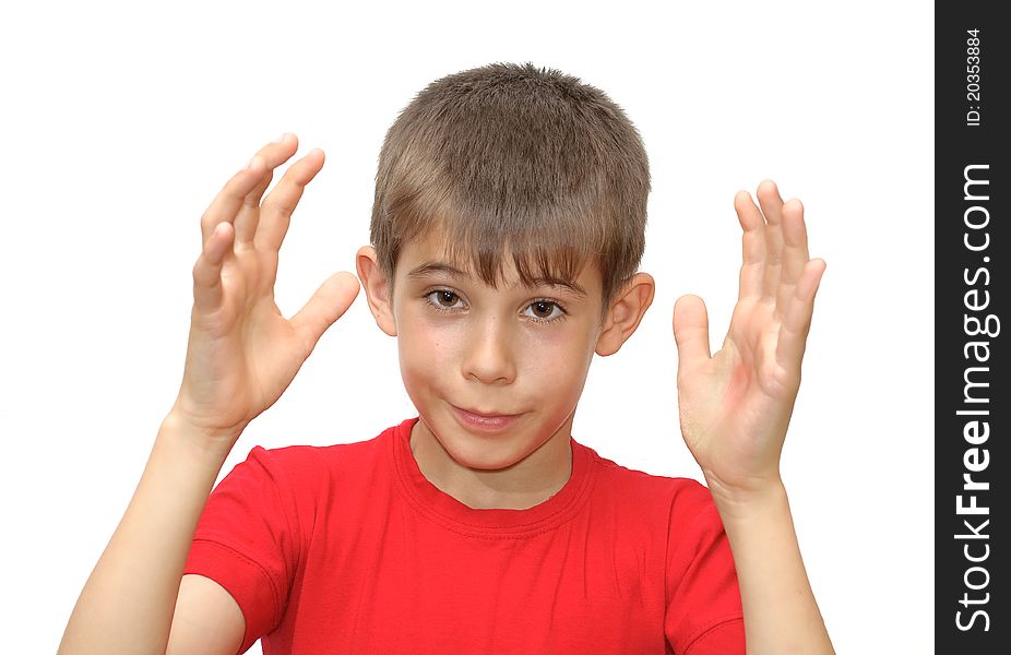 The boy shows emotion gestures. Isolated on white background