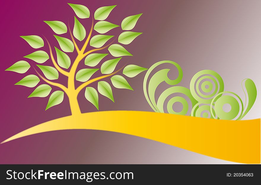 Illustration of tree and decorations, yellow green and violet