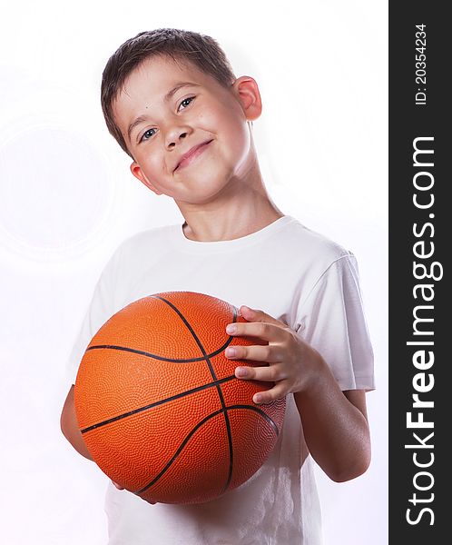 Boy has ball for game in basketball isolated on white. Boy has ball for game in basketball isolated on white