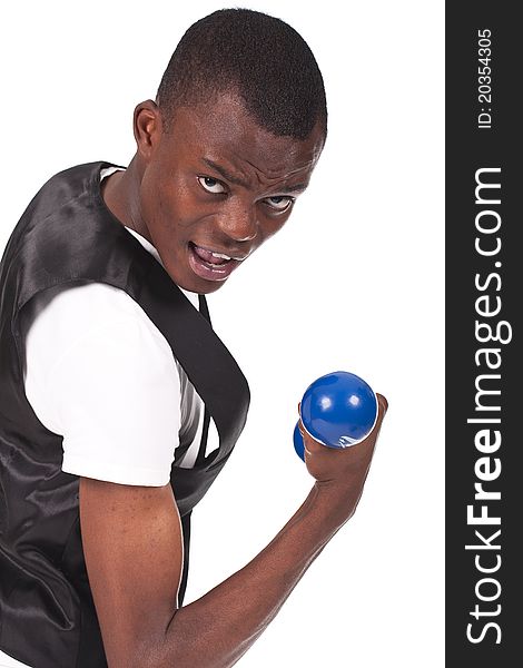 Black young man lifting weights