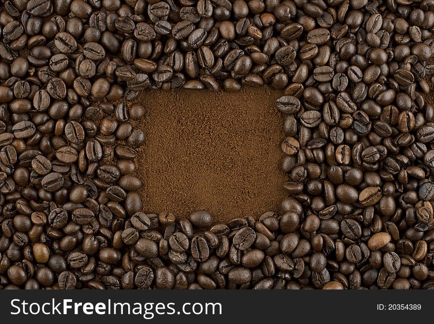 Ground coffee square surounded by coffee beans. Ground coffee square surounded by coffee beans