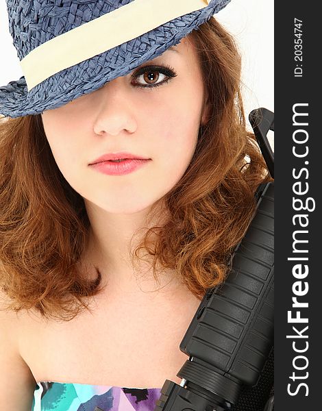 Beautiful  Mafia Girl Costume With Riffle Portrait