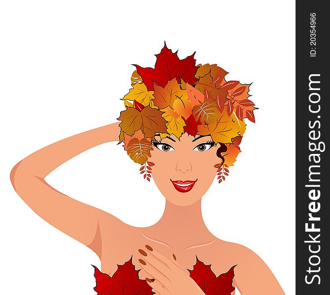 Illustration elegant autumn girl with leaves - vector