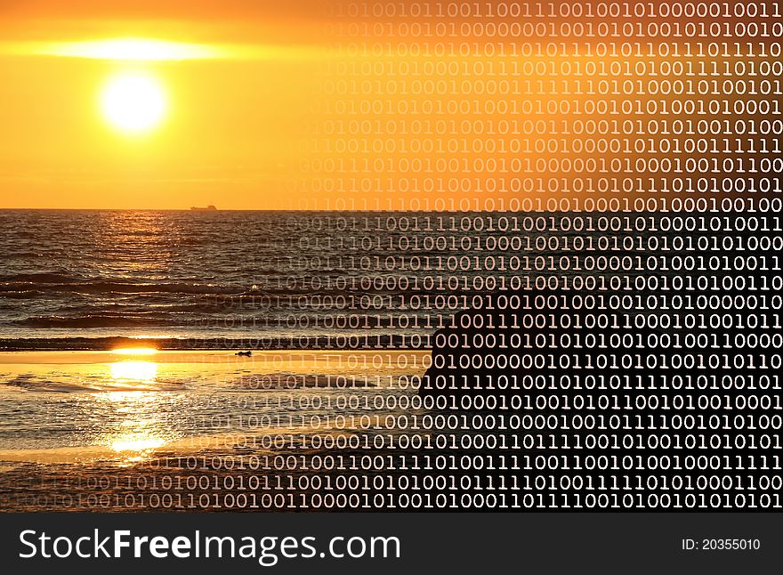 Photo of orange sunset with binary code depicting digital imaging. Photo of orange sunset with binary code depicting digital imaging