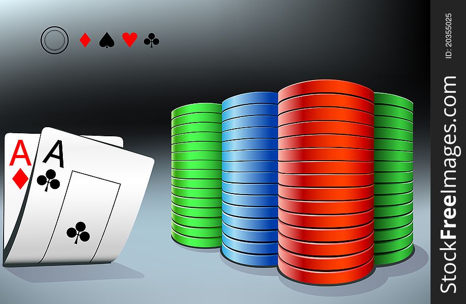 Poker stack and two aces on the dark background. Poker stack and two aces on the dark background