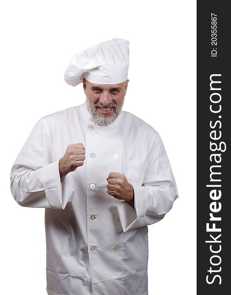 Portrait of a chef in a chef's hat and uniform isolated on a white background.