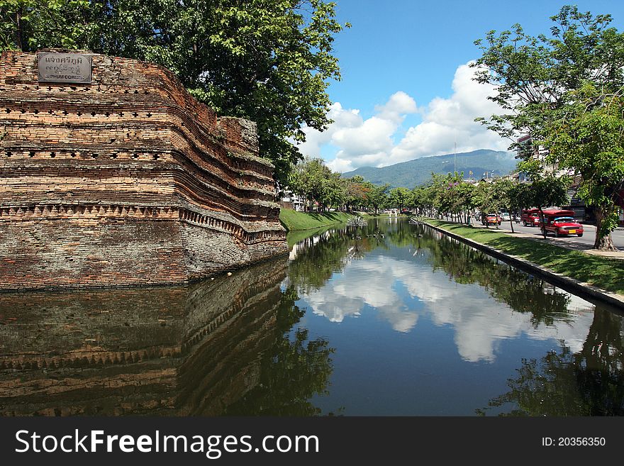 Chiangmai moat and acient wall in clear sky day.