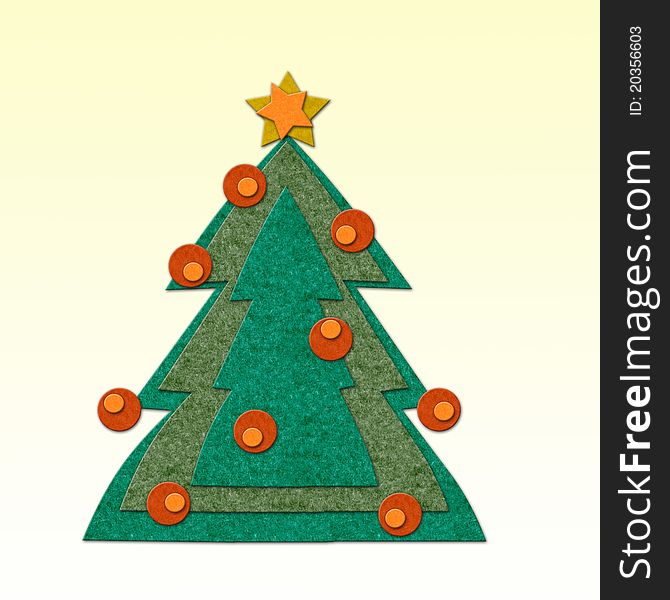 Felt Christmas tree with decoration. Handmade style illustration