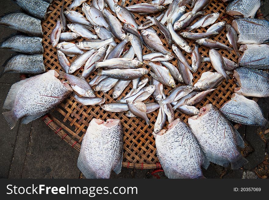 Various types of fresh fish for sale in a street market in Thailand. Various types of fresh fish for sale in a street market in Thailand