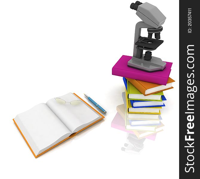 Books with a microscope and glasses on white background