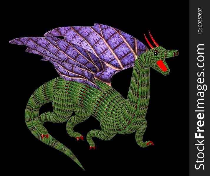 Running green dragon with wings on a black background. Running green dragon with wings on a black background