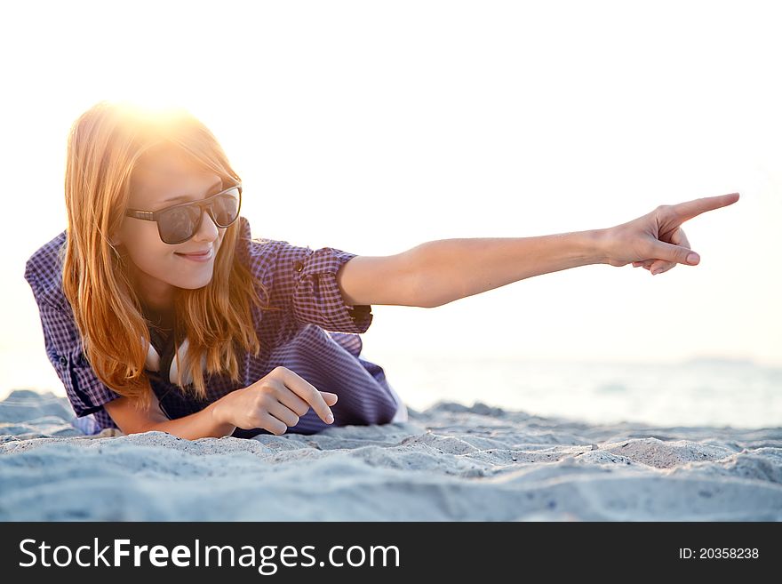 Girl With Headphones At Beach Sand.