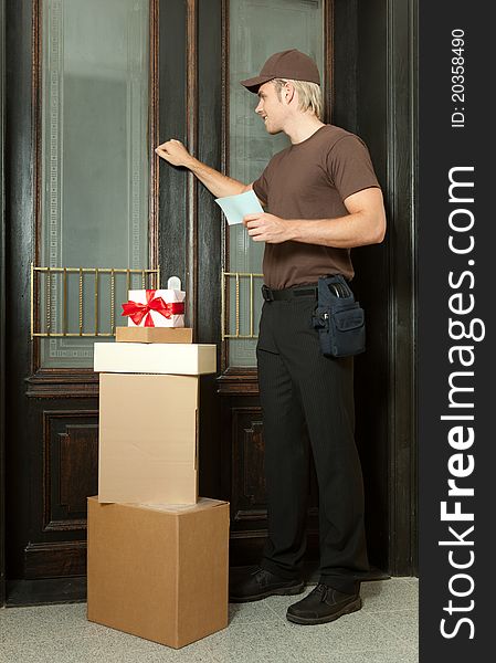 Delivery man with packages and coupon
