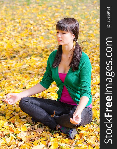 Autumn landscape. beautiful young girl resting in yellow autumn leaves. Autumn landscape. beautiful young girl resting in yellow autumn leaves