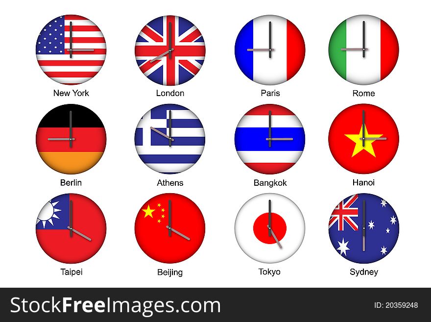 Vector illustration of different time zone clock with flag pattern