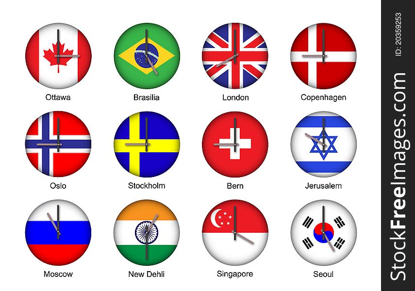 Vector illustration of different time zone clock with flag pattern