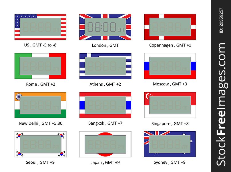 Vector illustration of different time zone digital watch with flag pattern