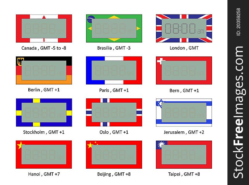 Vector illustration of different time zone digital watch with flag pattern