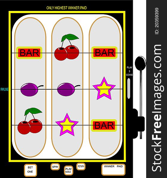 Slot machine on white illustration with cherries,grapes,and stars
