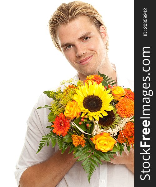 Isolated on white man with flowers. Isolated on white man with flowers