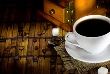 Cup Of Coffee, Beans And Grinder Stock Image Cup Of Coffee, Beans And Grinder Stock Image