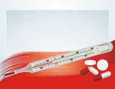 Thermometer And Pills On The Abstract Background Royalty Free Stock Photography Thermometer And Pills On The Abstract Background Royalty Free Stock Photography