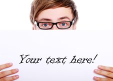 Young Guy In Glasses Holding Blank Board Royalty Free Stock Photography Young Guy In Glasses Holding Blank Board Royalty Free Stock Photography