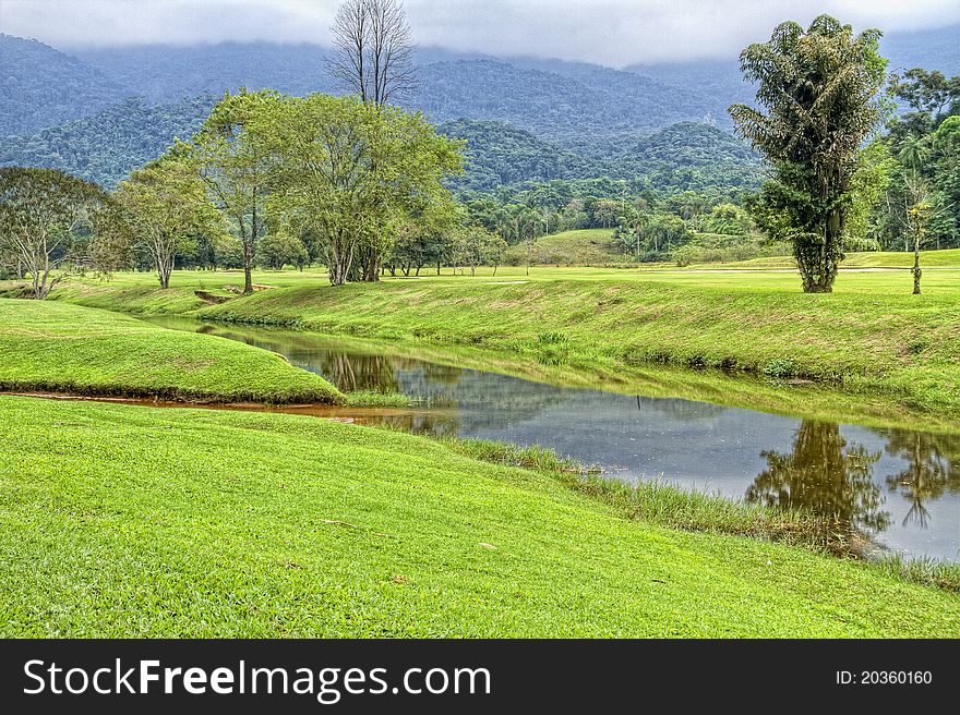 Green Meadow with Lake in Spring