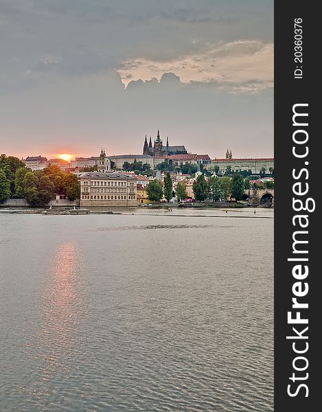 Sunset on Prague Castle over Vltava River