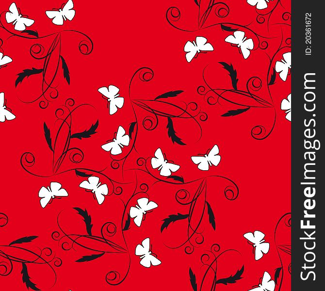 Red seamless background with flowers and butterflies