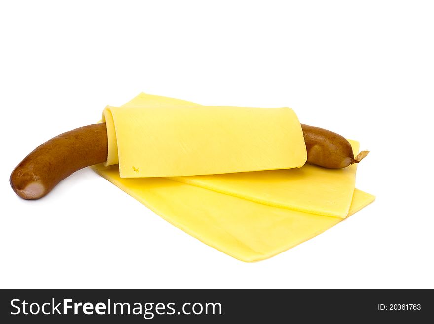 Cheese with sausage  isolated on a white background