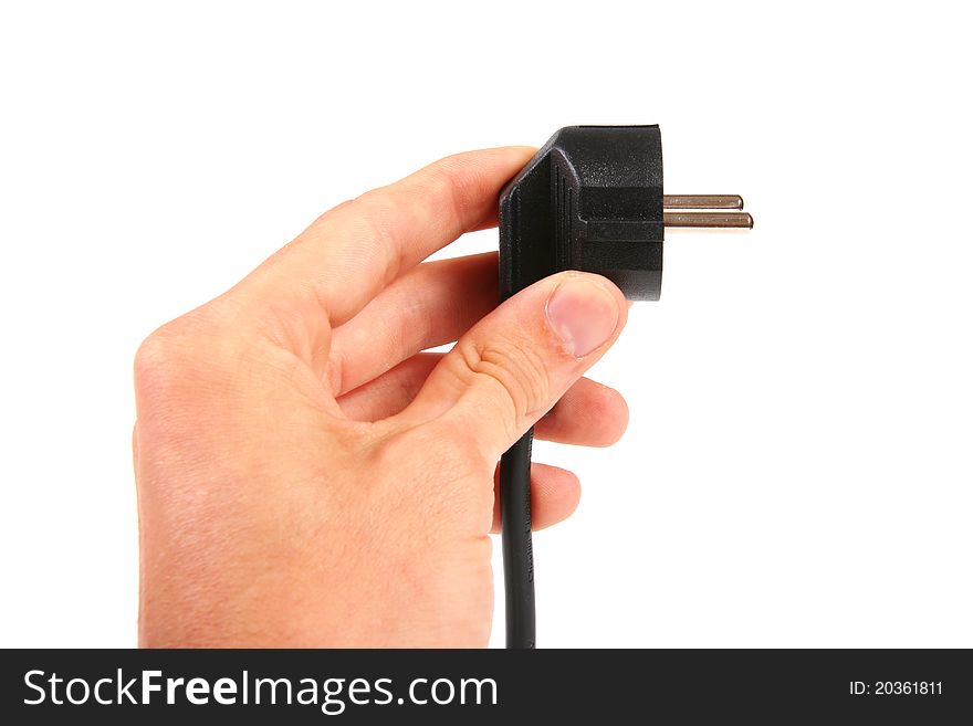 Power plug in hand isolated on white background
