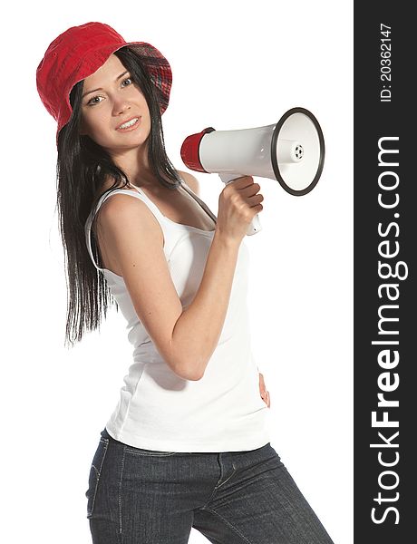 Full-body portrait of young happy female holding megaphone isolated on white background. Full-body portrait of young happy female holding megaphone isolated on white background